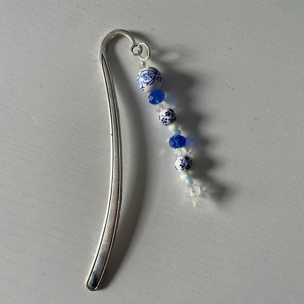 Handmade Silver and Blue Beaded Bookmark